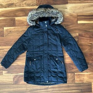 Eddie Bauer Black Puffer Parka with Faux Fur Lined Hood size Small